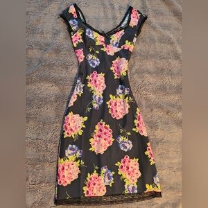 Betsey Johnson Black Dress with Pink and Blue Floral Design